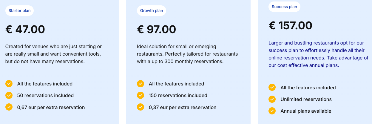 Tablein pricing plans