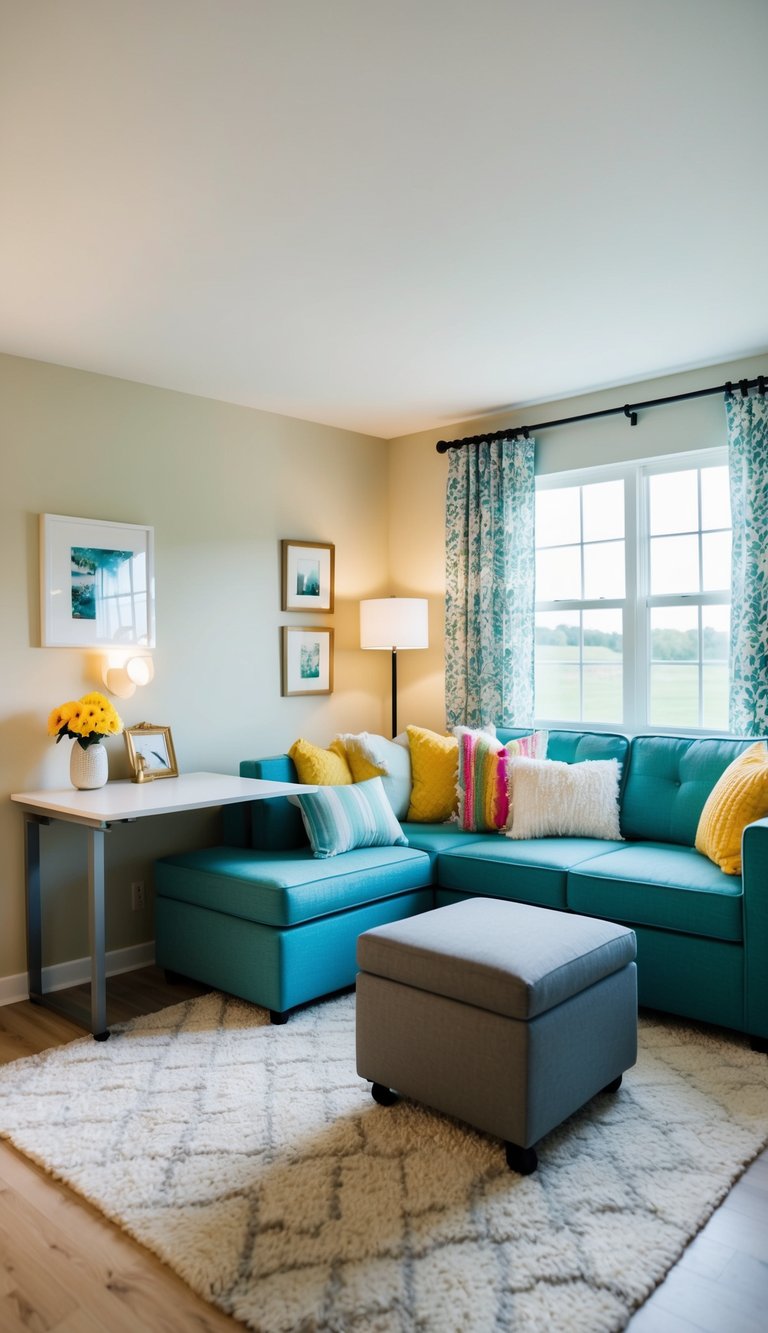 A guest bedroom with a sofa bed, convertible desk, and storage ottoman. Bright colors and cozy textiles create a welcoming atmosphere