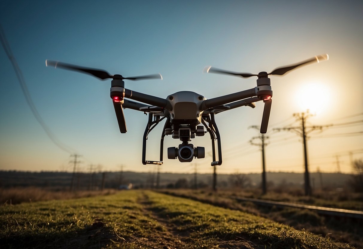 A drone hovers over a network of infrastructure, capturing detailed images with its high-resolution camera. The sun casts long shadows as the drone inspects power lines and communication towers