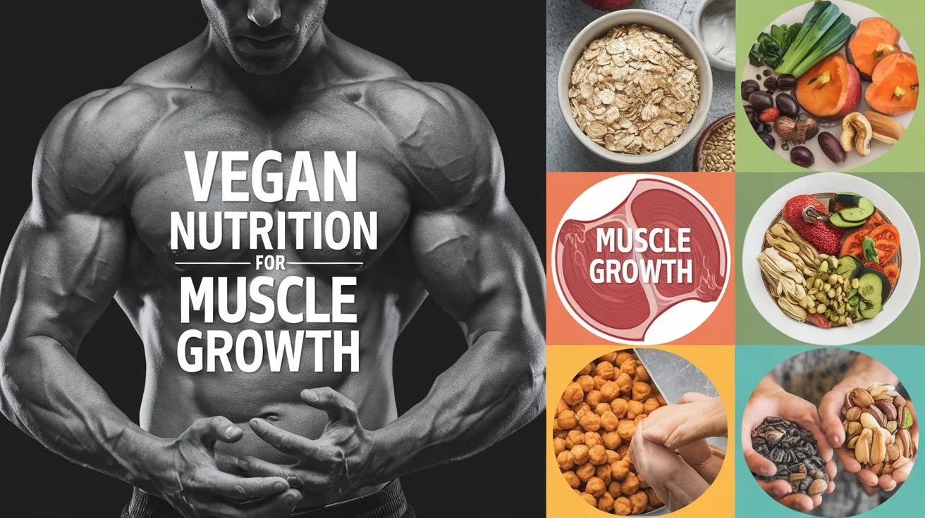 Infographic showing the process of muscle growth with vegan nutrition, including images of plant-based foods and muscle diagrams.