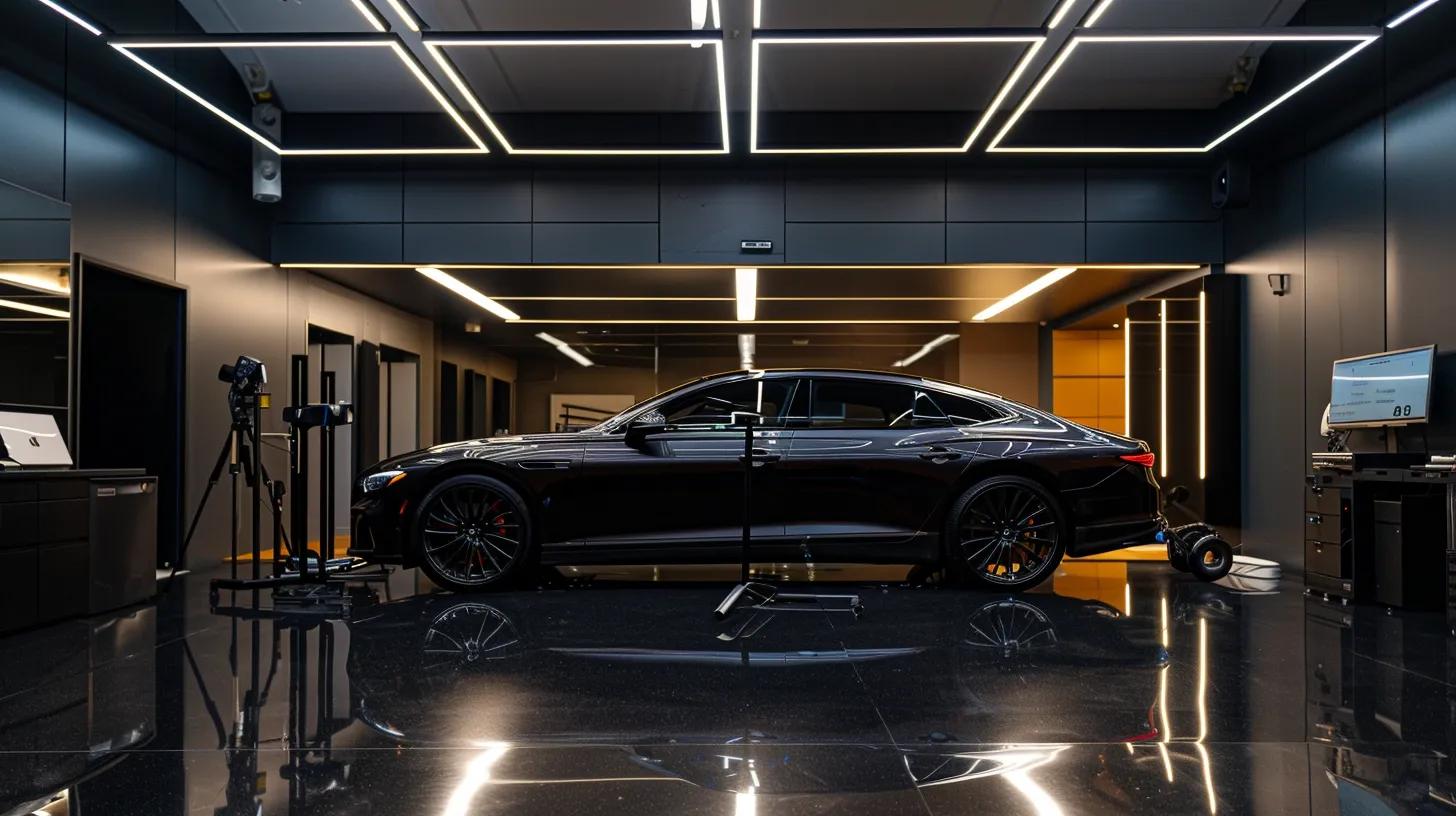 a sleek luxury vehicle showcased in a modern, illuminated automotive detailing studio, highlighting its gleaming exterior as it undergoes a premium paint protection service amidst sophisticated tools and elegant decor.