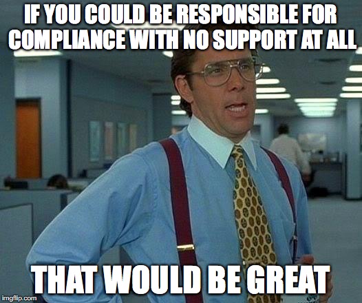 Bill Lumbergh of Office Space with wording If you could be responsible for compliance with no support at all that would be great