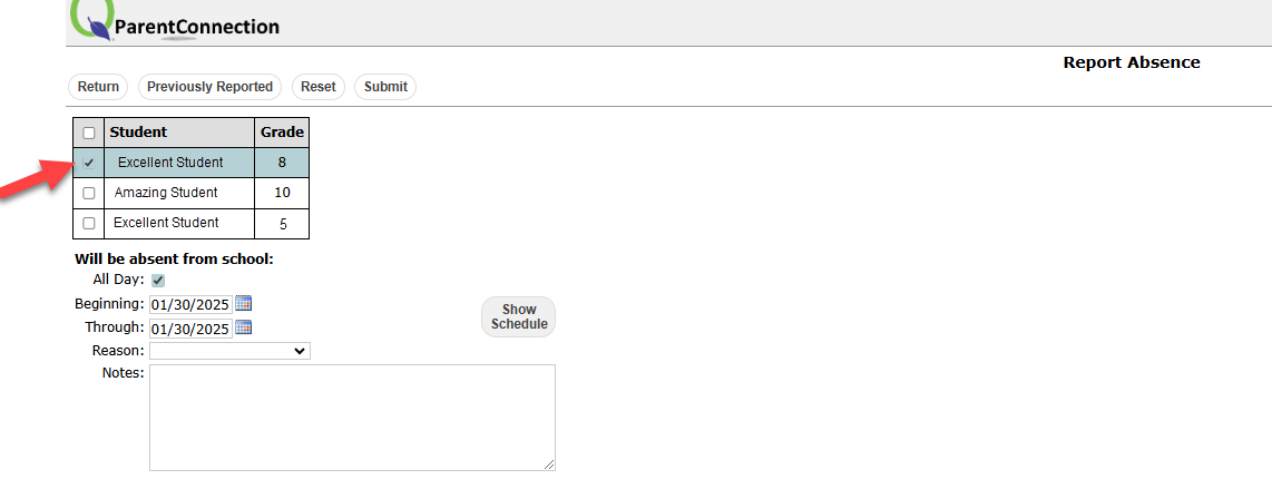 This image displays where a parent/guardian selects a student to report an absence for.