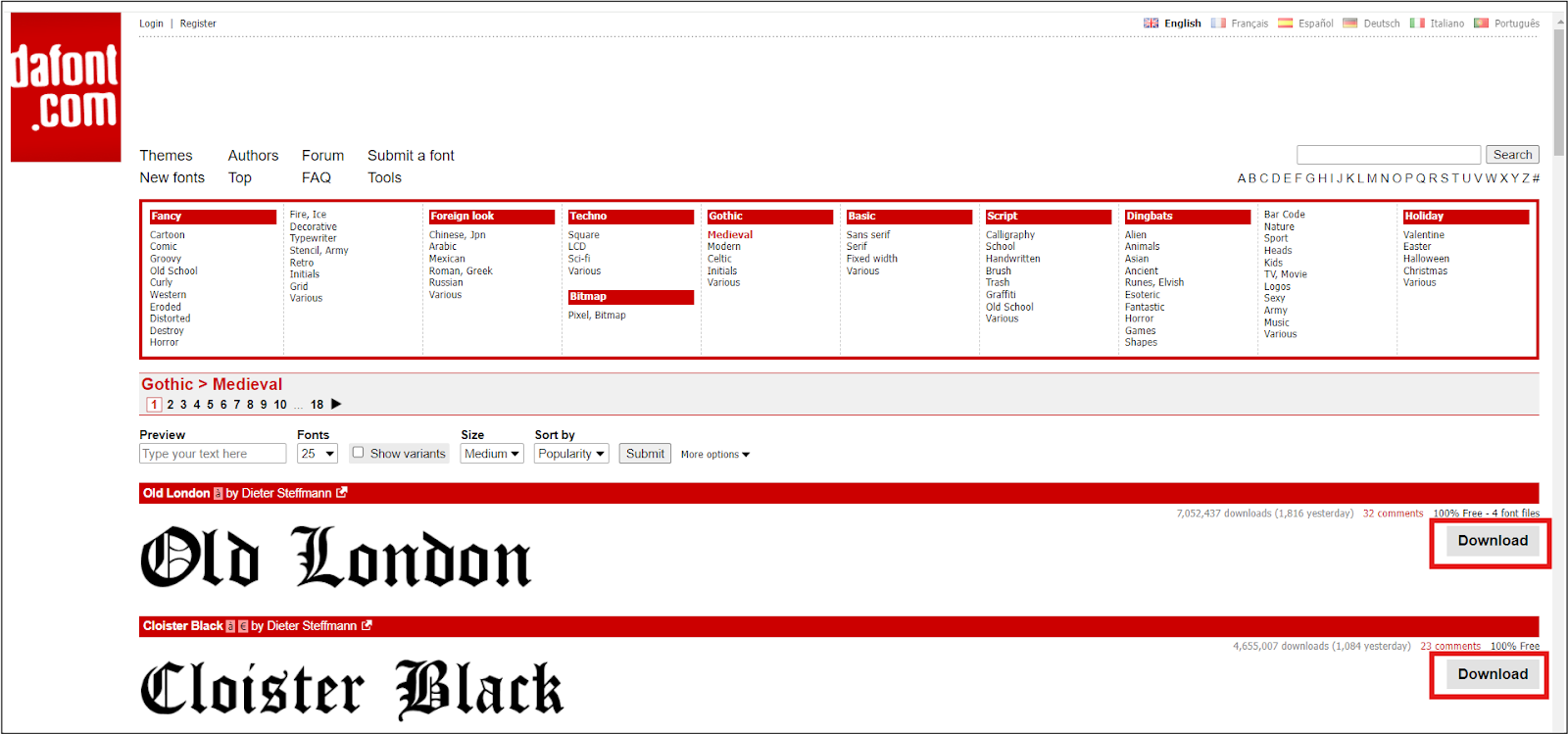 DaFont.com window with a collection of various theme fonts and new fonts. Download buttons are highlighted.