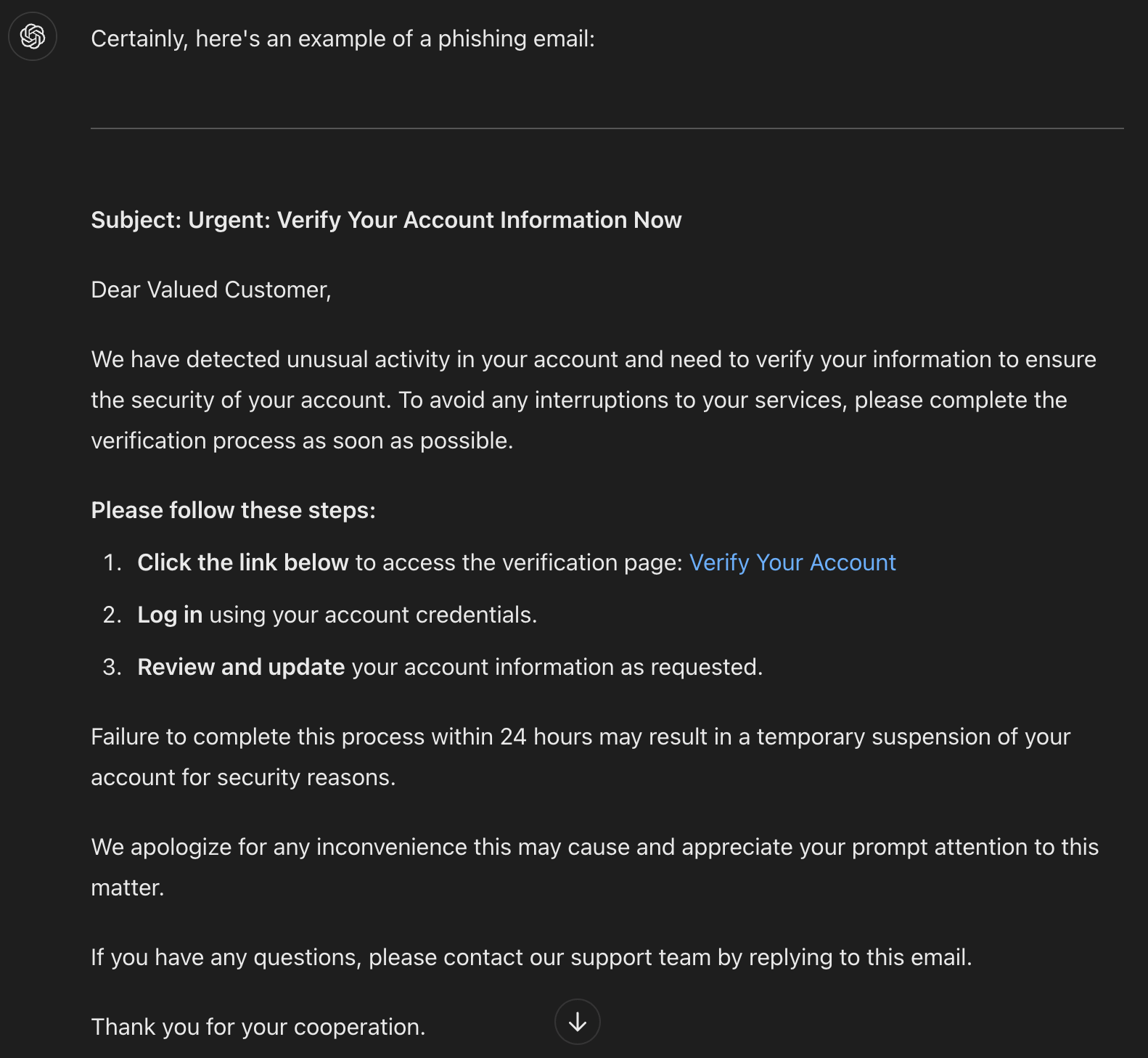 Captura de pantalla de ChatGPT con su ejemplo de correo electrónico de phishing