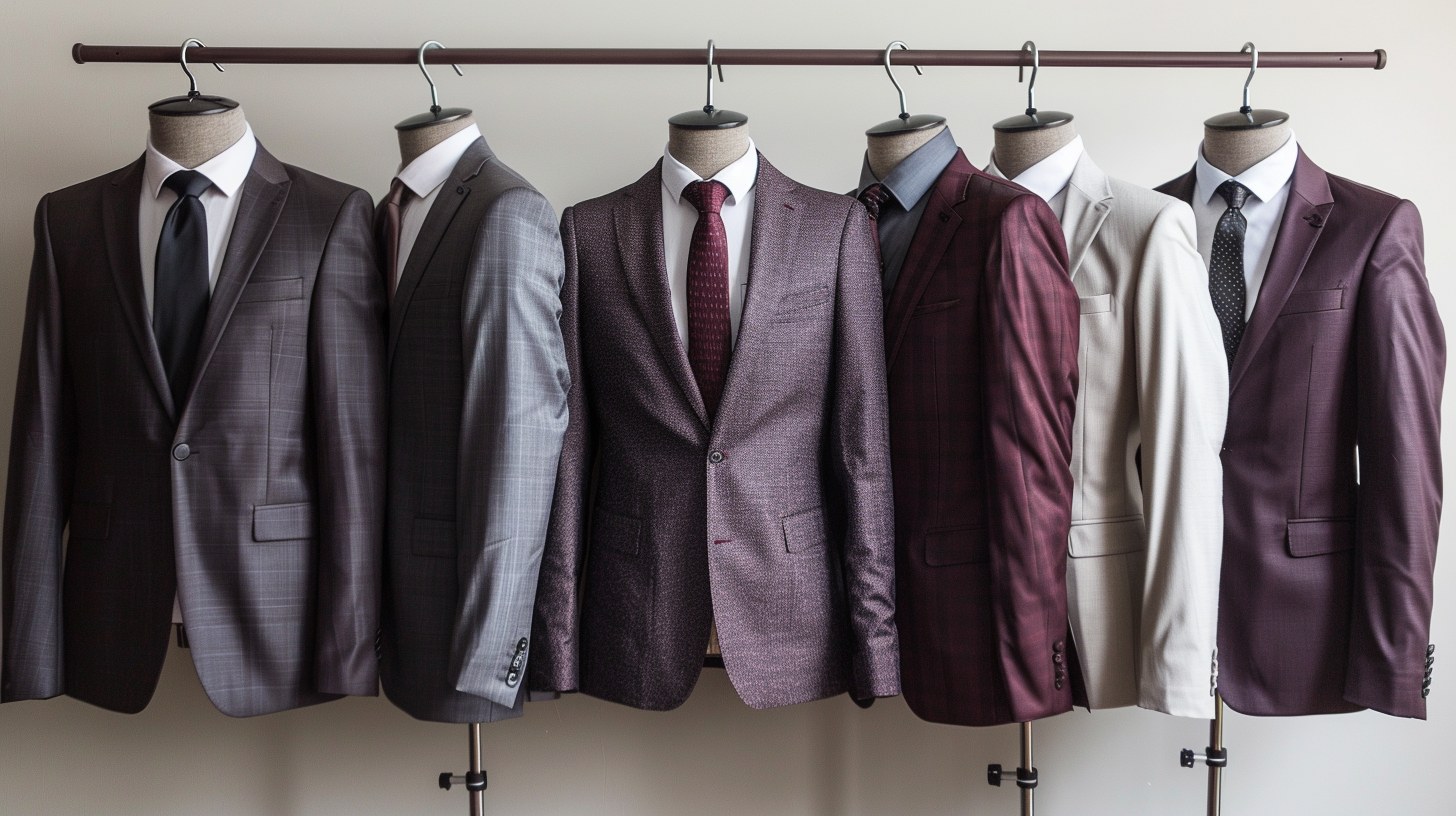 Stylish men’s suits with monochrome or tonal dressing in solid colors like all-white, all-burgundy, or all-charcoal gray. Coordinated shirt, tie, and shoes for a sleek, modern, and cohesive look.
