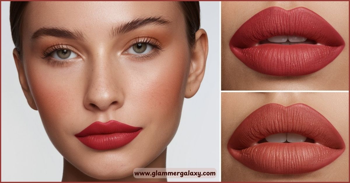 Two close-up images of lips with classic red lipstick, one smiling, one neutral.