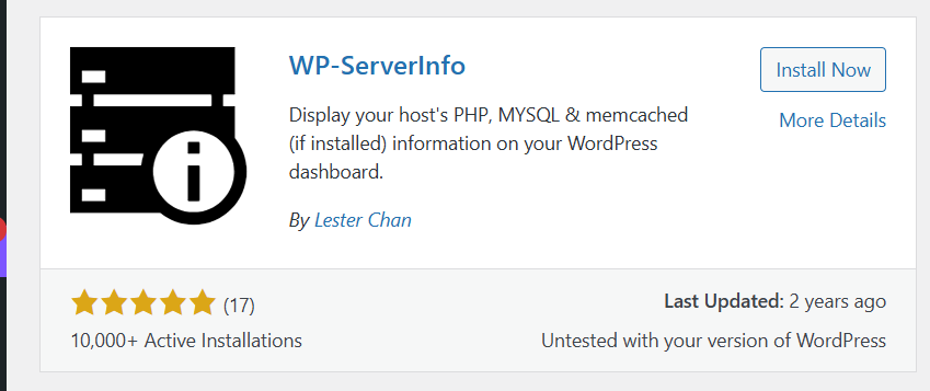 a screenshot of WP ServerInfo plugin for checking the PHP Version