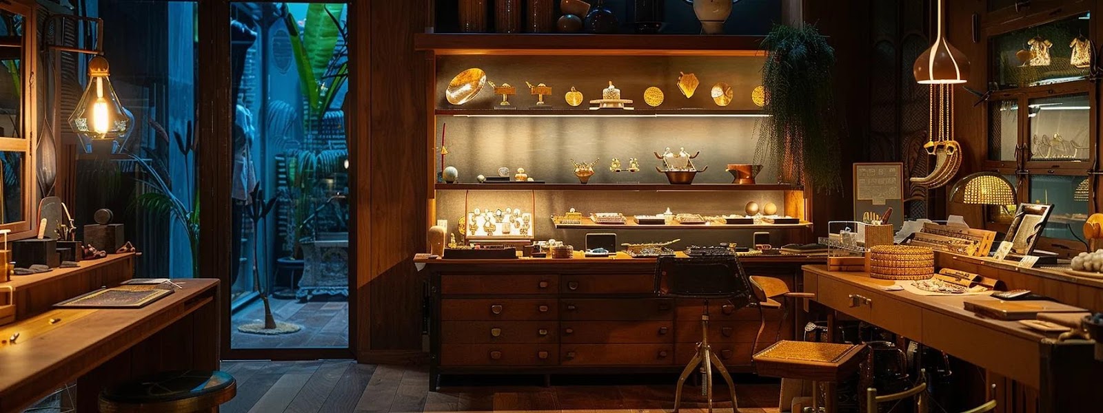 a sophisticated jewelry workshop showcases a skilled artisan meticulously crafting a unique piece of personalized jewelry, surrounded by tools of the trade and shimmering materials, illuminated by warm, focused lighting that highlights the artistry and attention to detail.