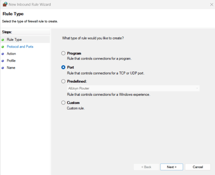 Inbound Rule in Window Defender Firewall setting