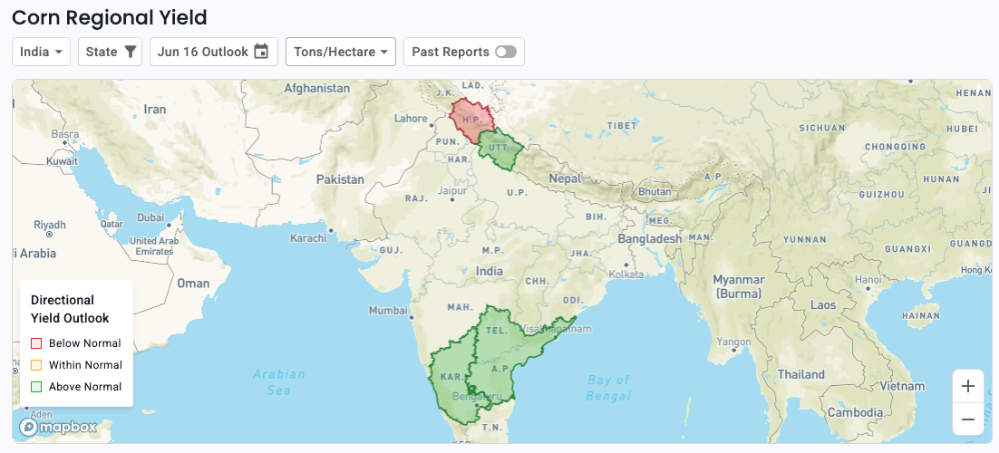 A map showing an above-average year for corn production in India in 2025. 