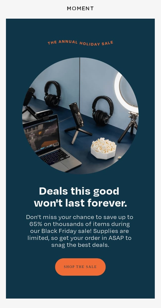 Moment had one of the best Black Friday email marketing campaigns. 
