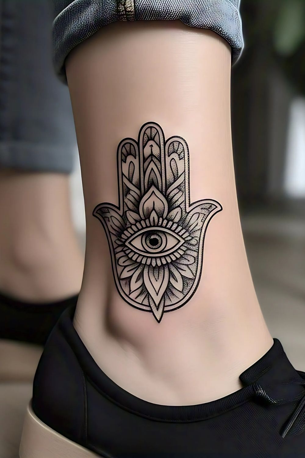 Hamsa Hand Ankle Tattoo