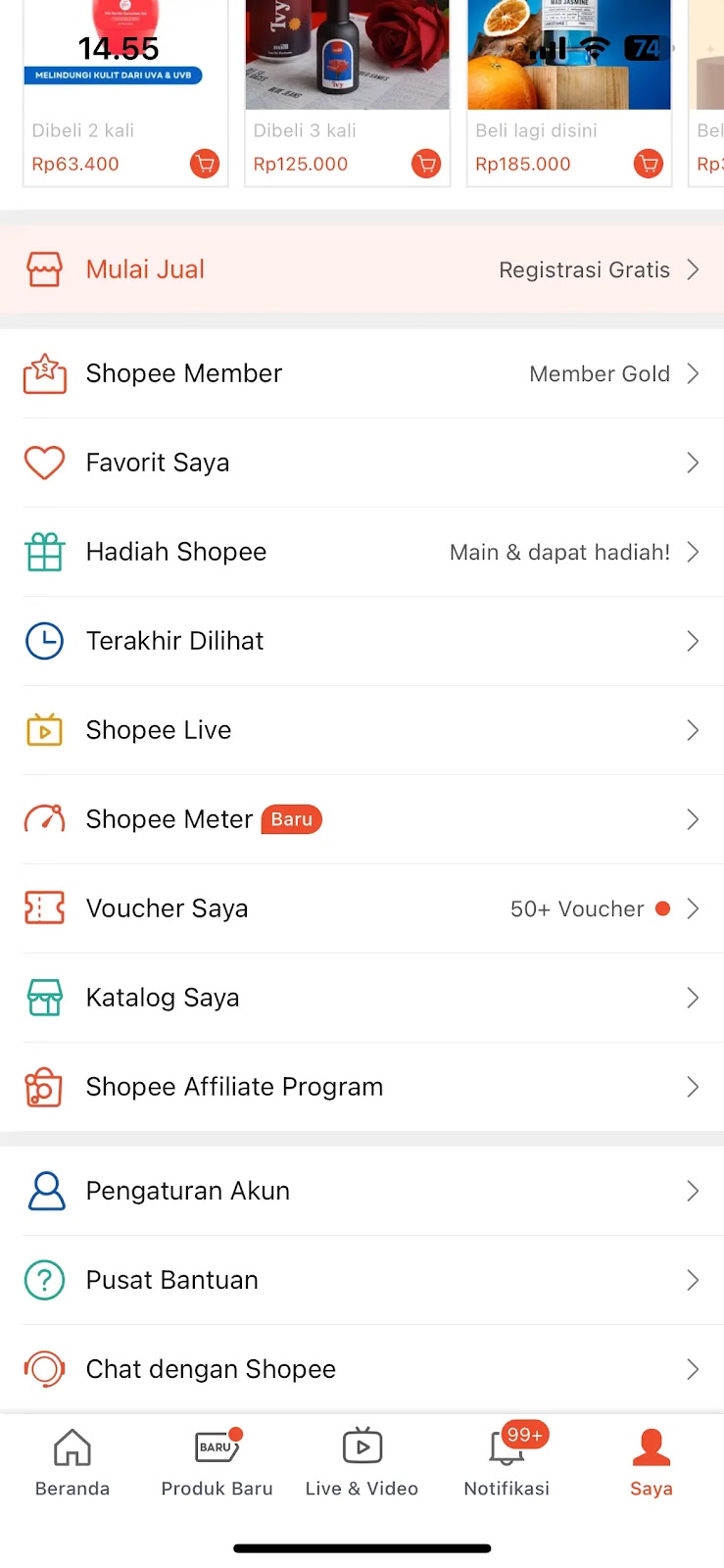 Di menu “Saya,” kamu akan menemukan opsi “Shopee Live.” 