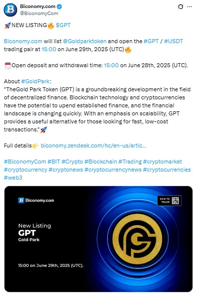 Gold Park Token (GPT) Listing on Biconomy, विड्रॉल आज से शुरू 