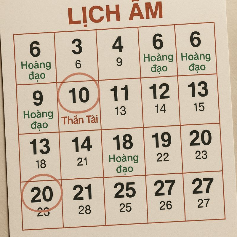 Lịch âm với ngày hoàng đạo được khoanh đỏ tinh tế