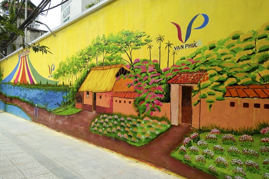 The mural presents the village scenes