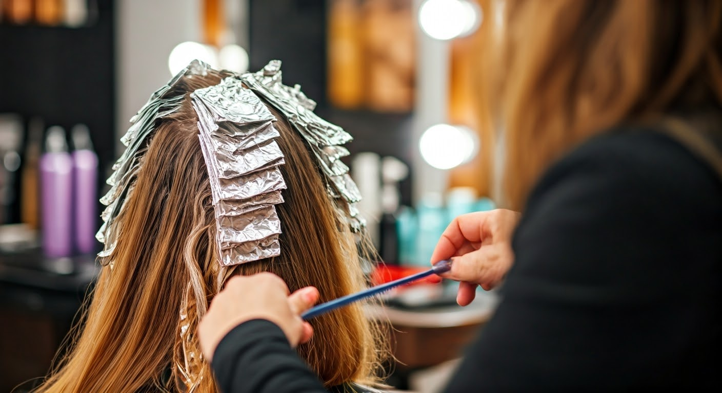 Stylist applying highlights in salon