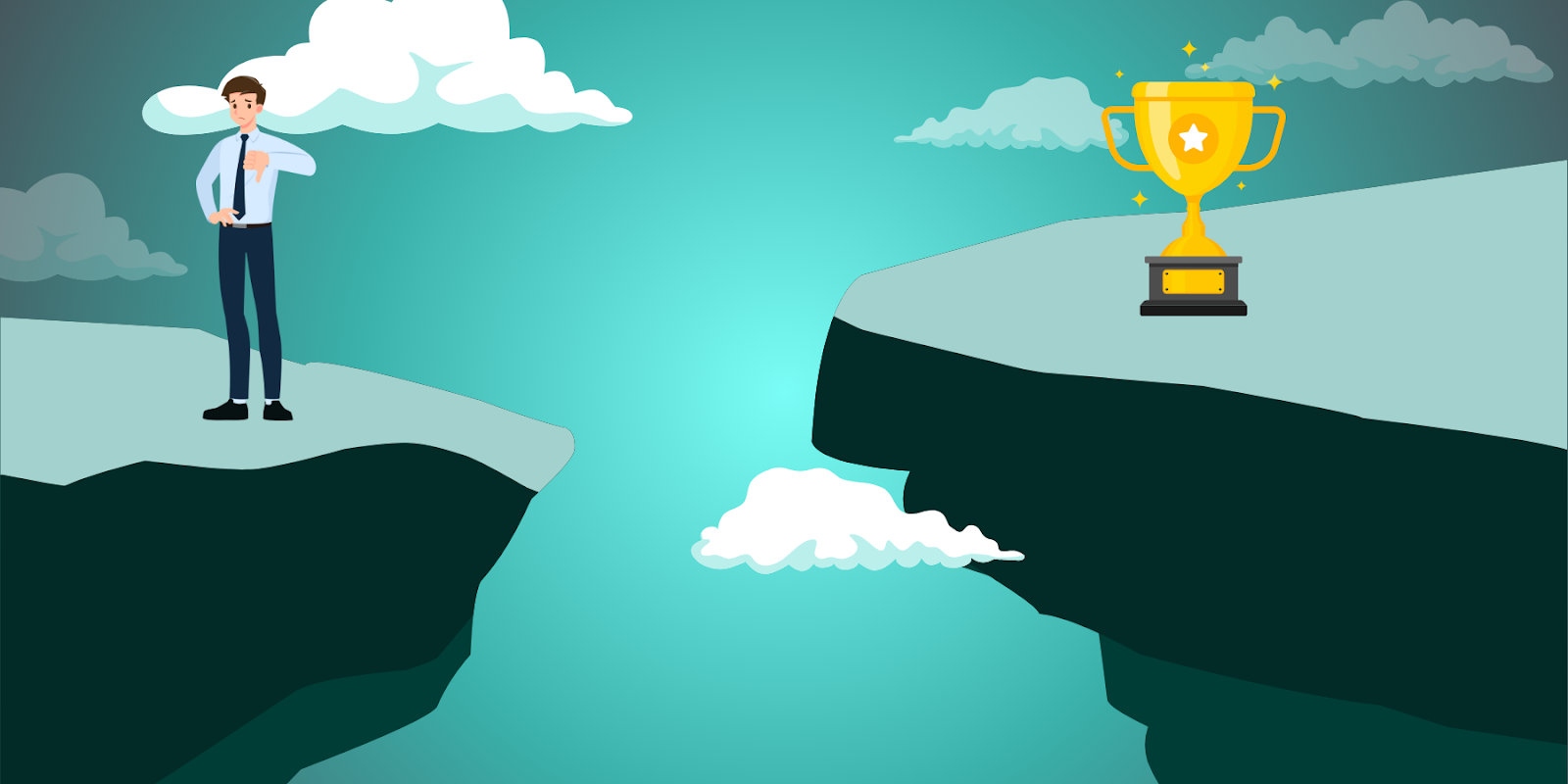 A businessman stands on one cliff, with a trophy visible on the other, symbolizing the struggles and obstacles faced when working toward achieving goals.