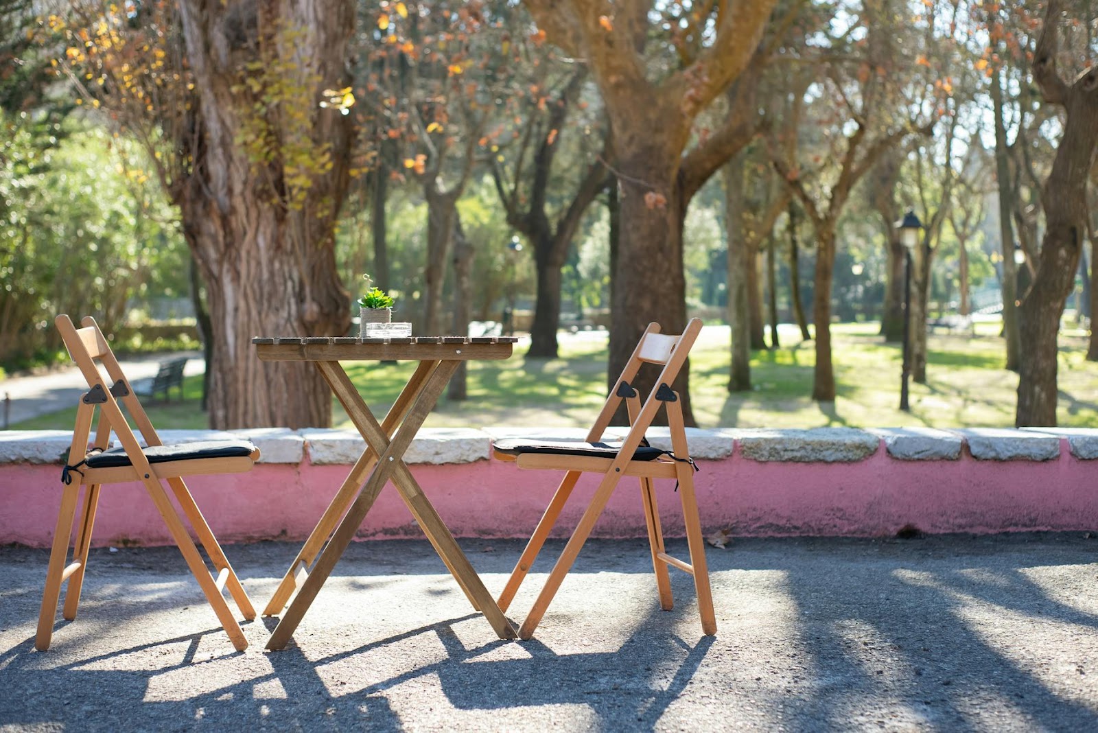 Empty wooden table and chairs in a sunny park setting, offering tranquility.