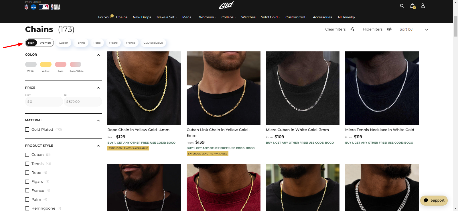 Image of GLD's website with specific search filters on the chain category page.