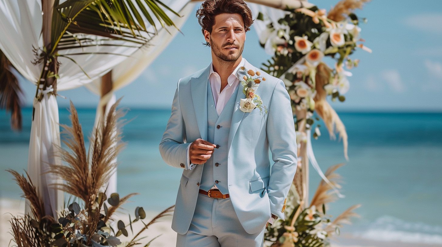 Man in a light blue wedding suit, relaxed styling with no tie or a pastel tie, paired with loafers or light brown shoes. Set at a beach or garden ceremony during the day, giving off a fresh and airy spring-summer vibe.
