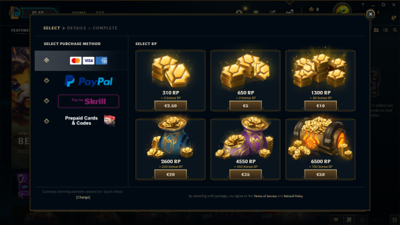Screenshot of League of Legends client app with RP selected