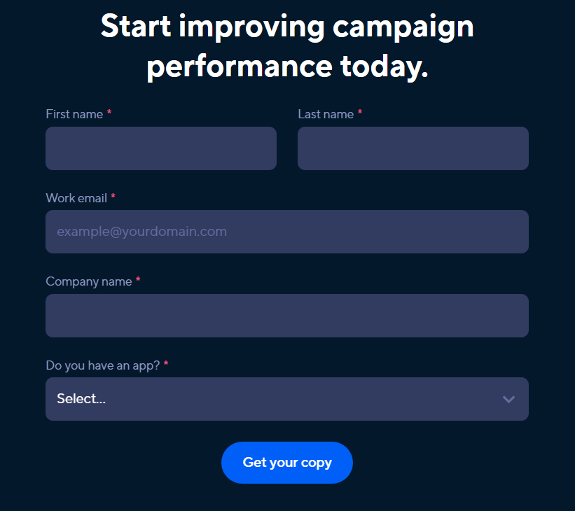 Adjust form on a dark background with prompts for first name, last name, email, company, app selection, and a blue "Get your copy" button.