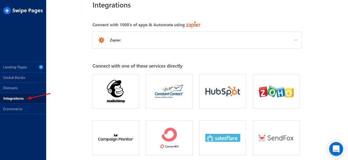 An image showing the various direct integrations Swipe Pages offers
