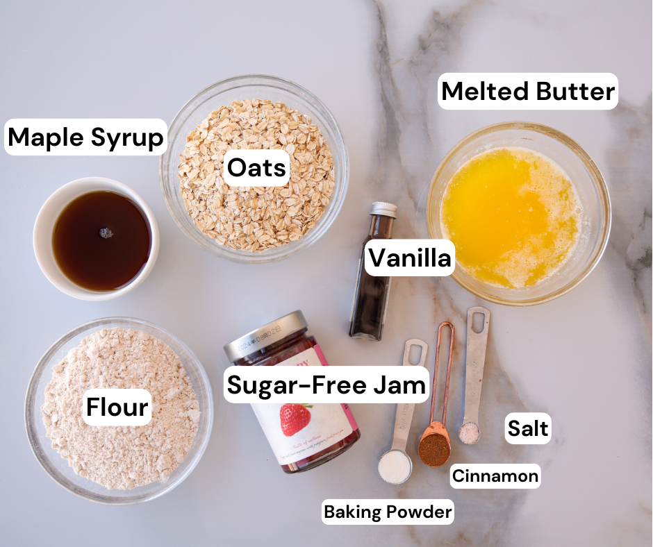 Ingredients to make healthy jam oat bars. 