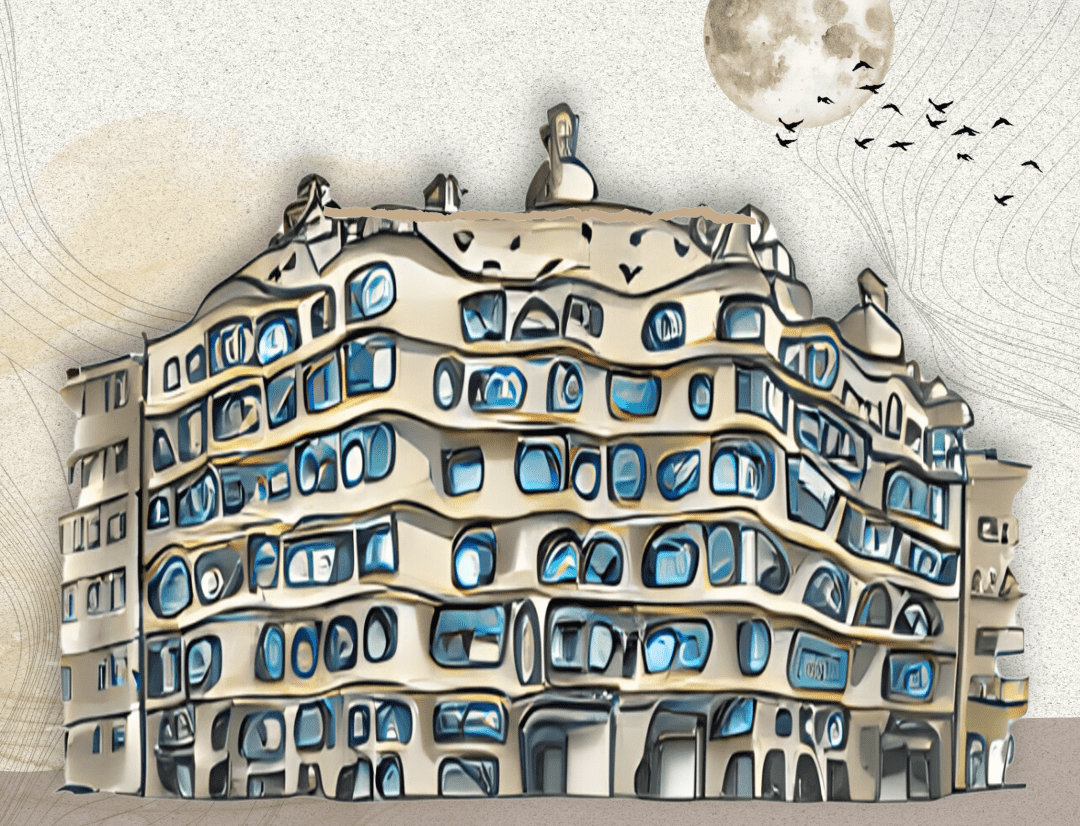 Illustrated depiction of Casa Milà (La Pedrera), a famous Art Nouveau building in Barcelona designed by Antoni Gaudí.