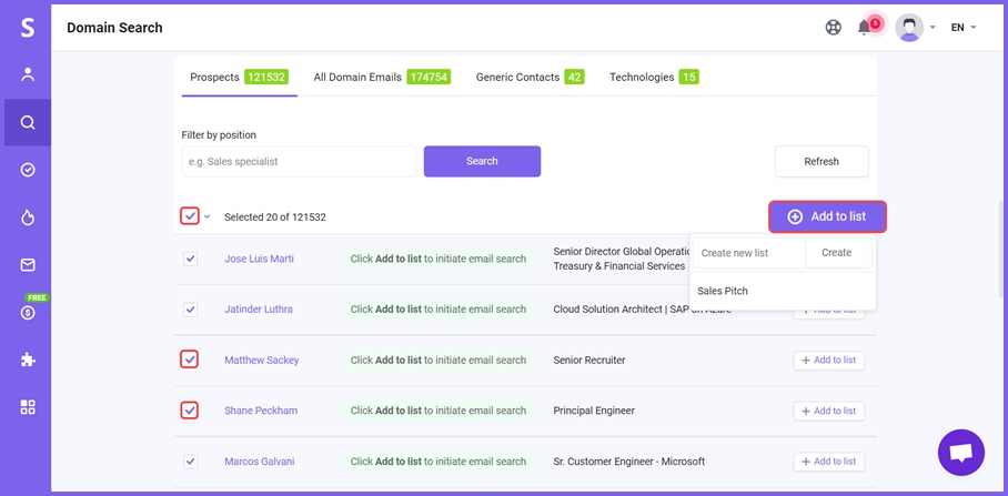 outbound leads, search via snov.io