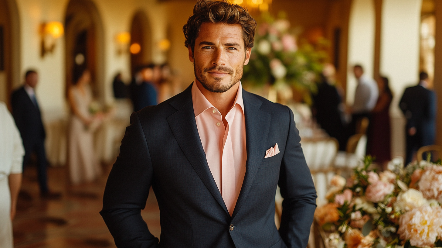 A full-body shot of a man wearing a navy suit with a pink shirt at a wedding. He is standing confidently, with a matching tie, surrounded by wedding guests and floral decorations in the background. The scene includes elegant table settings, soft lighting, and wedding décor. The man’s look is sophisticated, perfect for both the groom or a guest at a beautiful wedding.