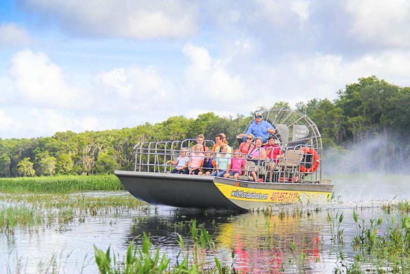 A group of people enjoying an airboat tour at Wild Florida, gliding across the headwaters of the Everglades with a guide at the helm.