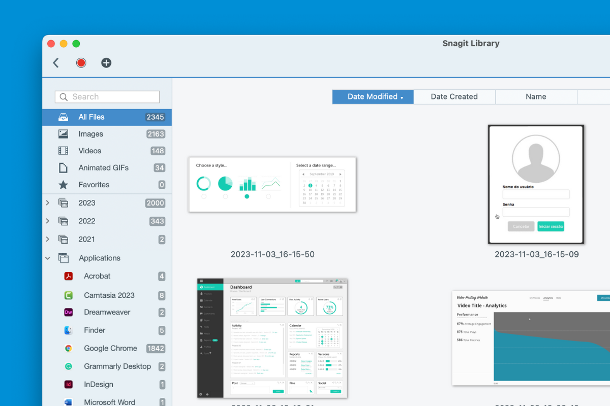 Screenshot of Snagit's library that organizes your screenshots for you.