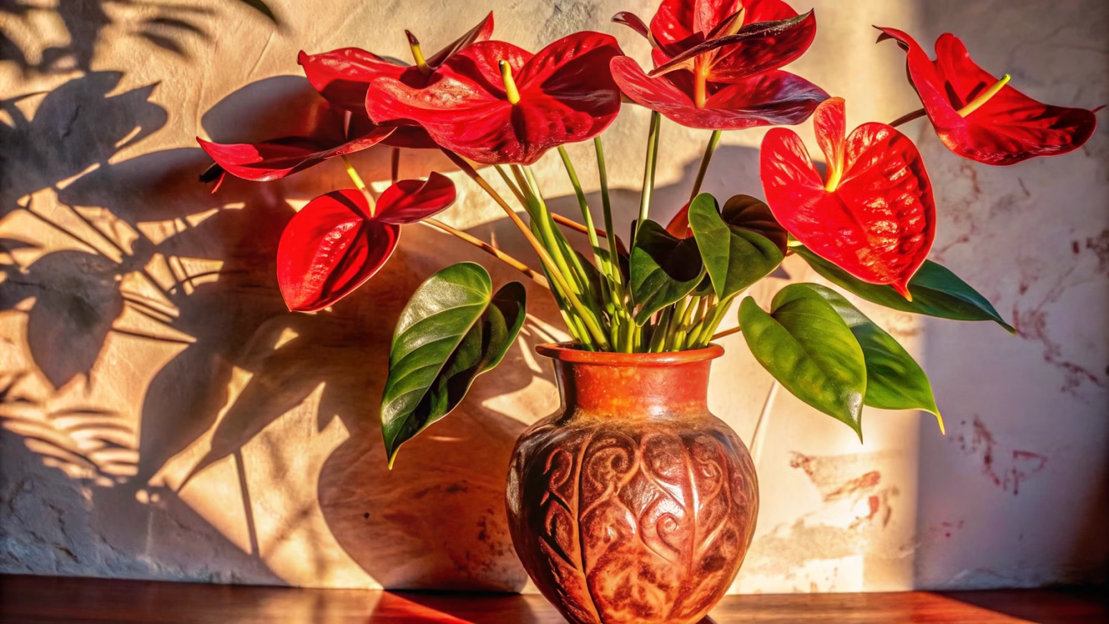 Antúrio vermelho iluminado pela luz suave da manhã com sombras das folhas no vaso.