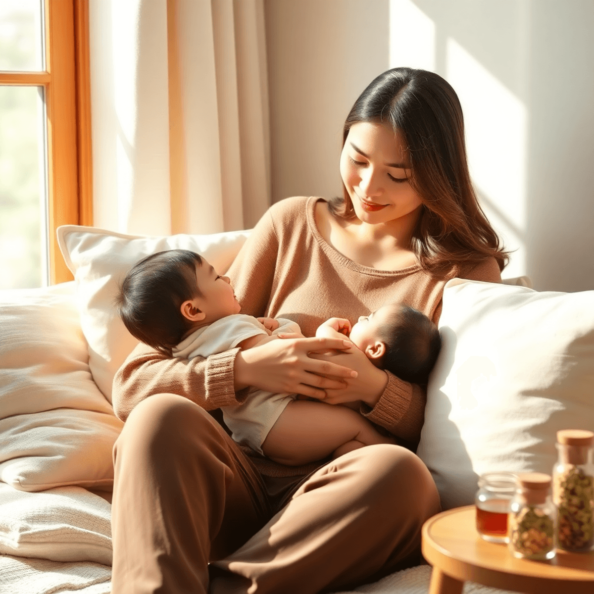 A serene image of a breastfeeding mother in a cozy, well-lit room, surrounded by soft pillows and warm sunlight, with herbal tea and jars of herbs nearby.