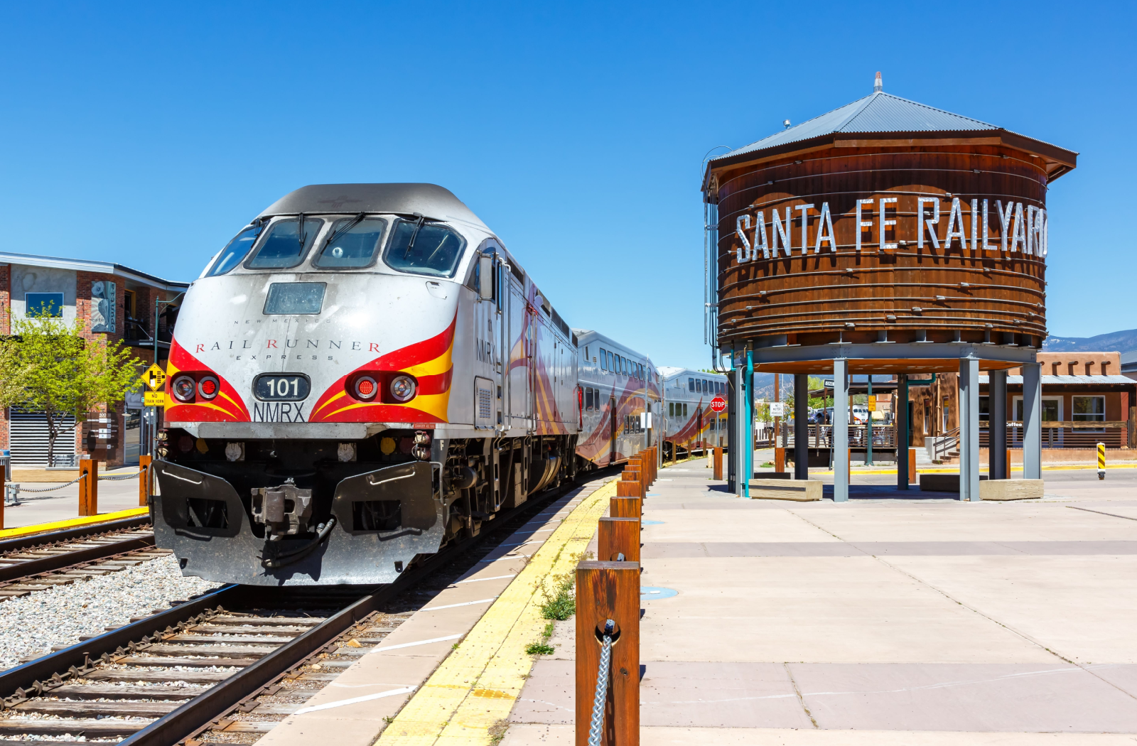 A view of the Sante Fe Railyard  with a Rail Runner passenger train.