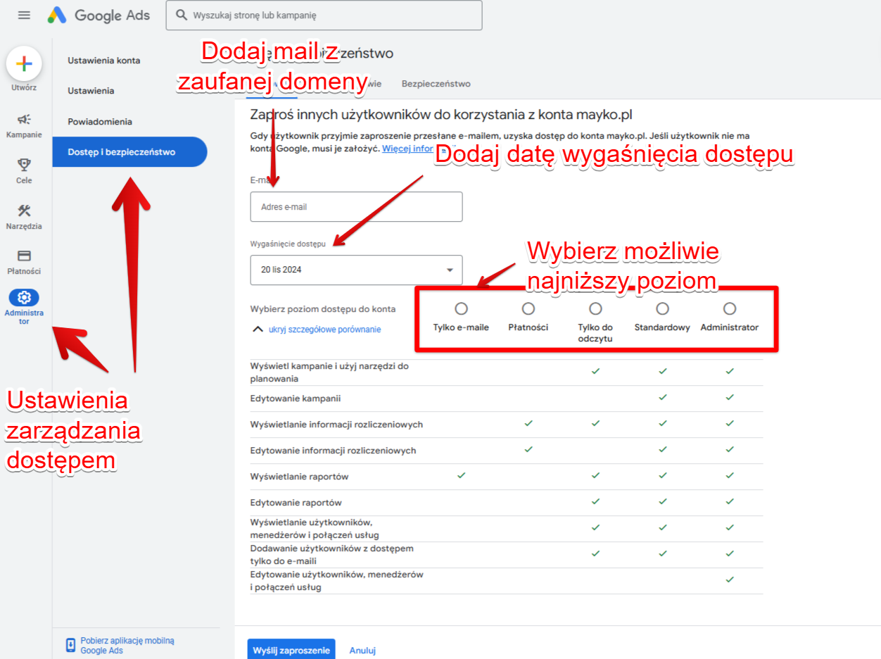 Ustawienia zarządzania dostępami do konta w panelu Google Ads