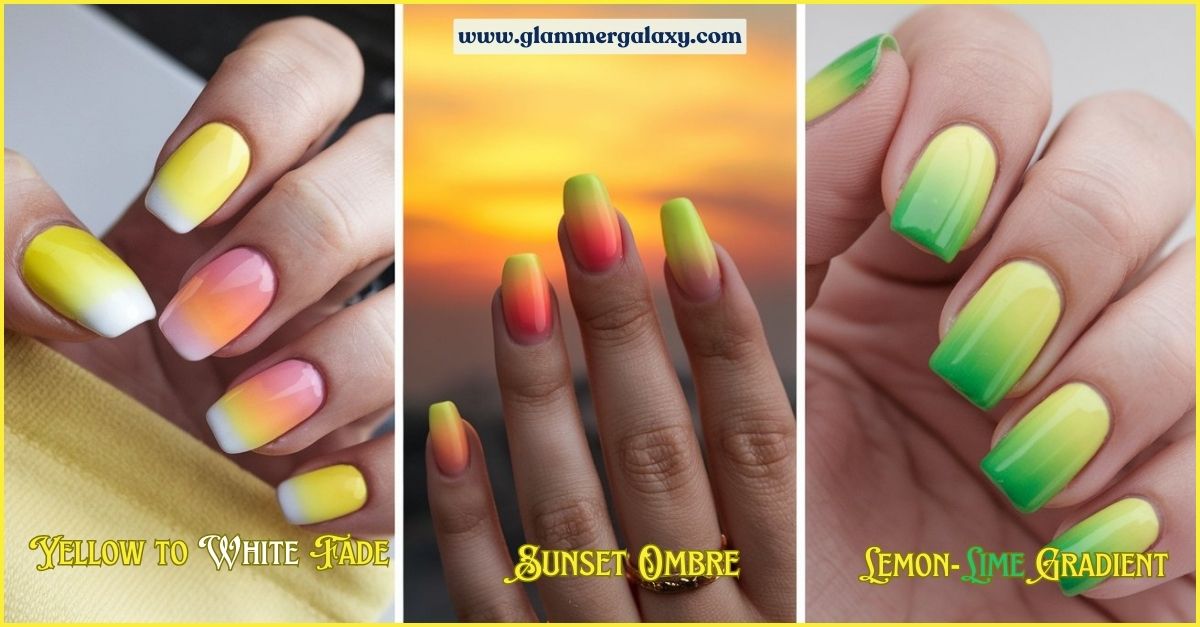  Three photos of nails with ombre gradients; yellow to white, sunset colors, and lemon-lime.