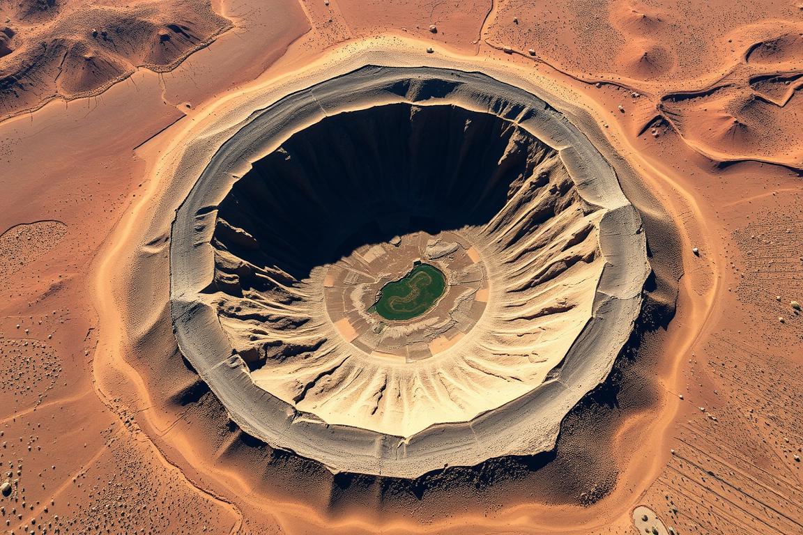 Aerial view of Barringer Meteor Crater in Arizona showing the perfectly preserved circular impact structure