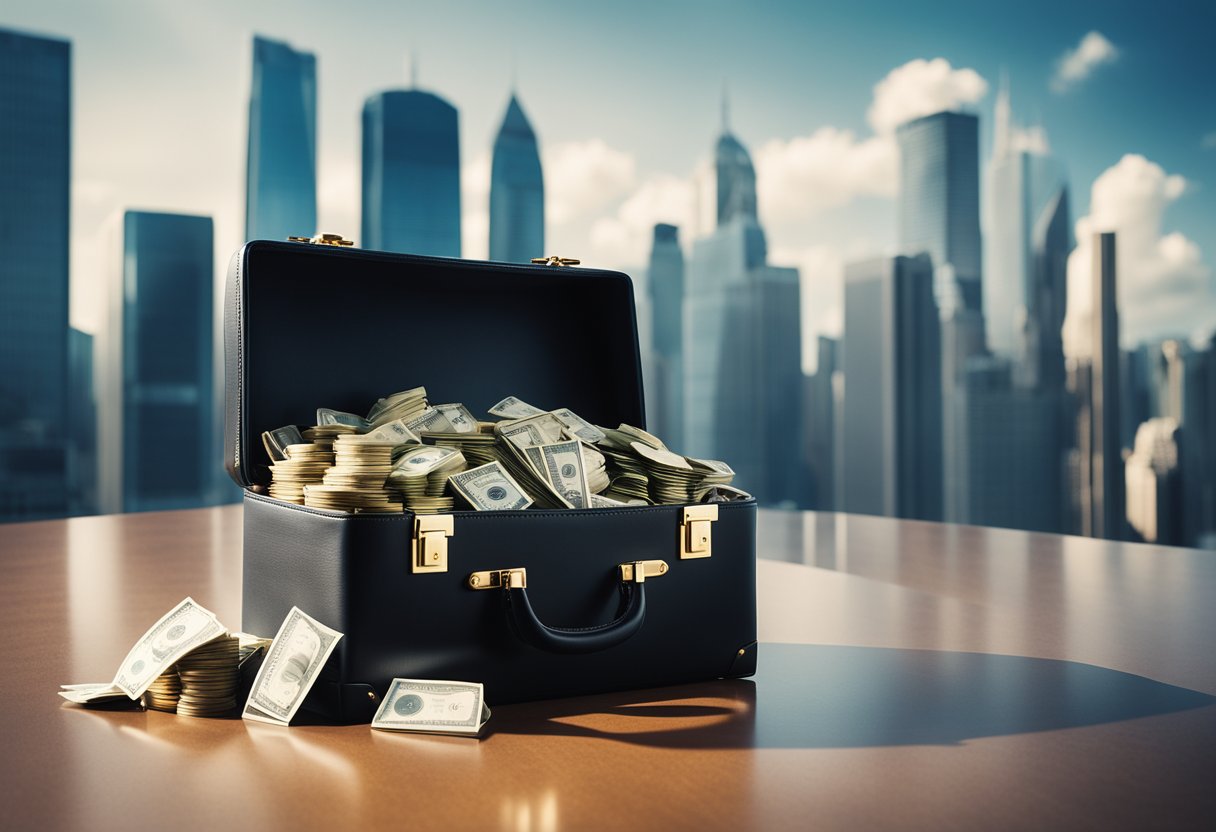 A lawyer's briefcase bursting with money, surrounded by towering skyscrapers and a fierce, competitive landscape