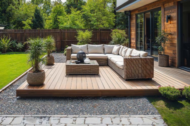 combining hardscaping and decking for a unique outdoor living space deck with l shaped couch custom built michigan