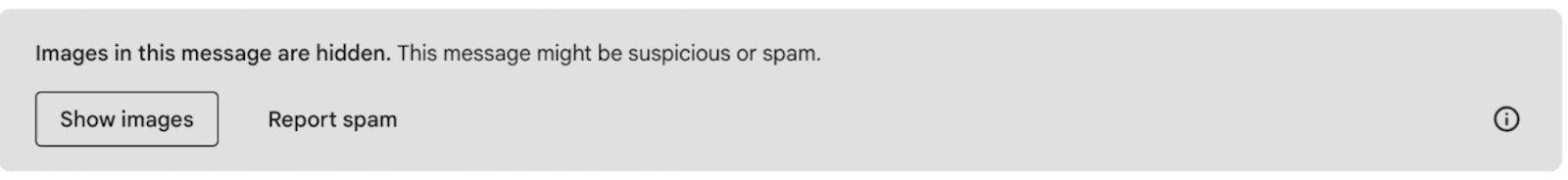 Screenshot of a grey banner used in Gmail to warn users of hidden images that might indicate the message is spam