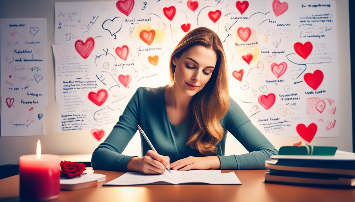 An image of a woman sitting at a desk with a candle lit, holding a pen and paper. In the background, have visions and symbols of love, such as hearts, roses, and a couple embracing. Show light shining on the woman's face as she writes out her ideal qualities in a boyfriend, using descriptive language that invokes feelings of love and happiness. Have the colors be warm and inviting to reflect the positive energy she is putting out into the universe.