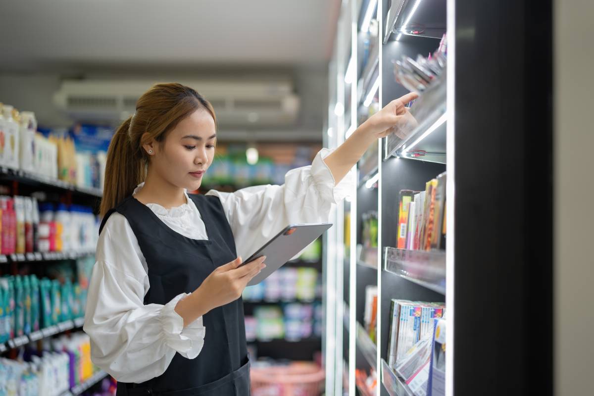 A retail employee uses a tablet while managing product displays in a grocery aisle.