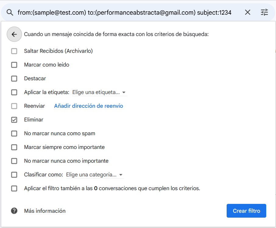 Captura de pantalla. Vista de configuración en Gmail donde se muestra la creación de un filtro de ejemplo.