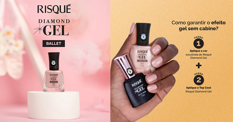 Ao lado esquerdo, frasco de esmalte rosa Ballet Risqué Diamond Gel sobre pedestal branco, com fundo rosa suave e decoração sutil. Ao lado direito, mão segurando esmalte rosa Ballet Risqué e Top Coat Diamond Gel, com instruções de aplicação para efeito gel sem cabine.