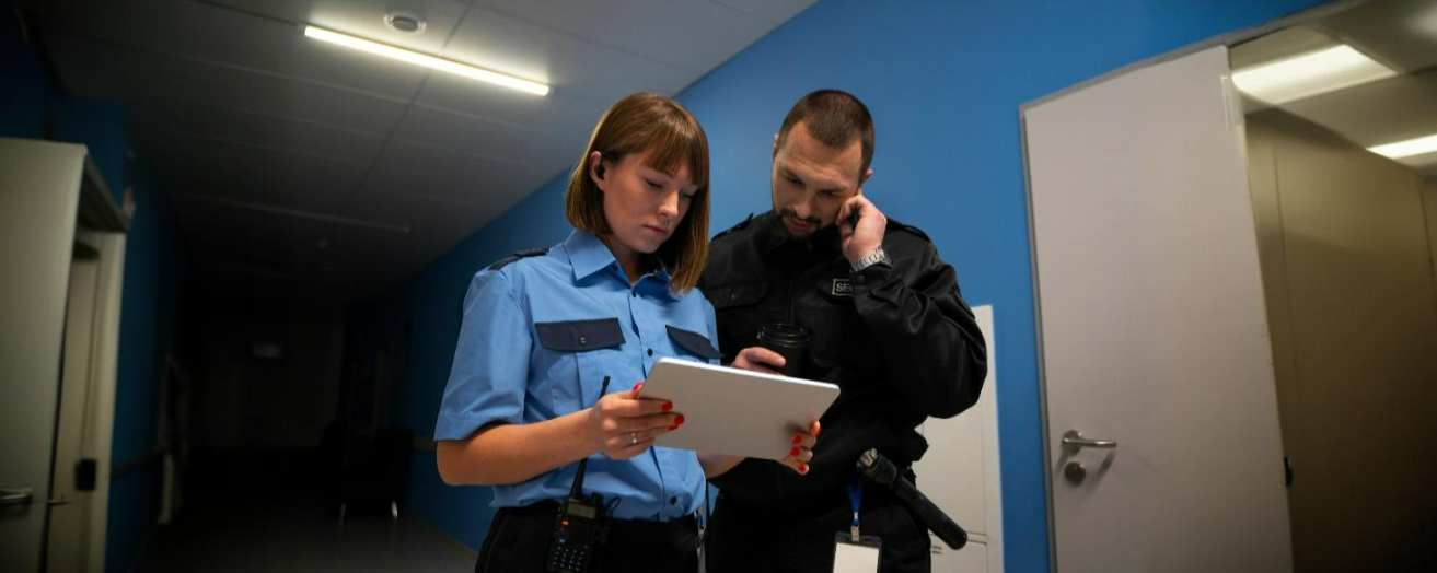 two security professionals monitoring premises and looking at a tablet screen.