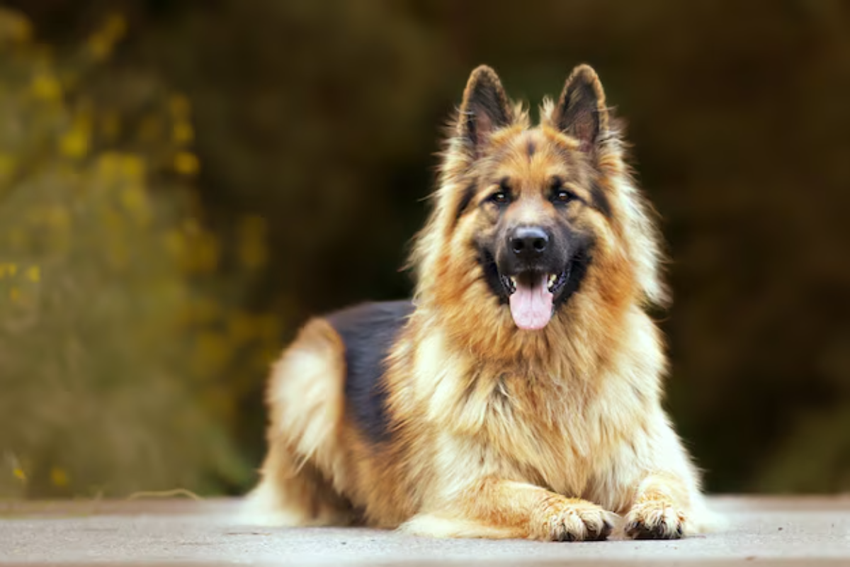 King Shepherd dog similar to German Shepherd sitting in forest 